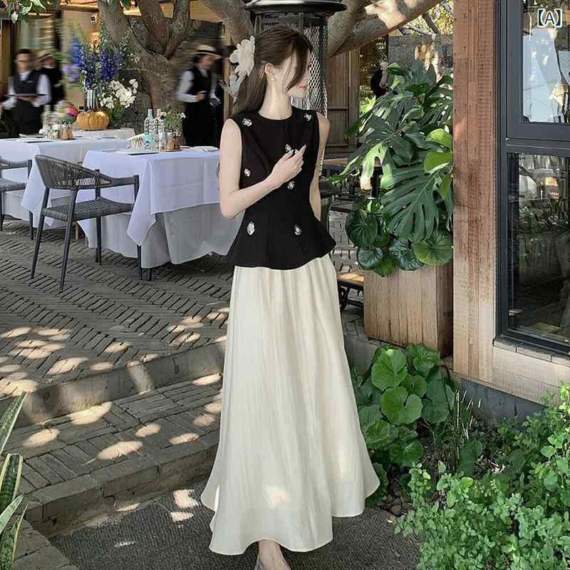レディース 夏 ノースリーブ キャミソール トップス Aライン ロングスカート 2点セット ブラック スリム 細見え 軽量 伸縮性 スタイリッシュ｜ホープ