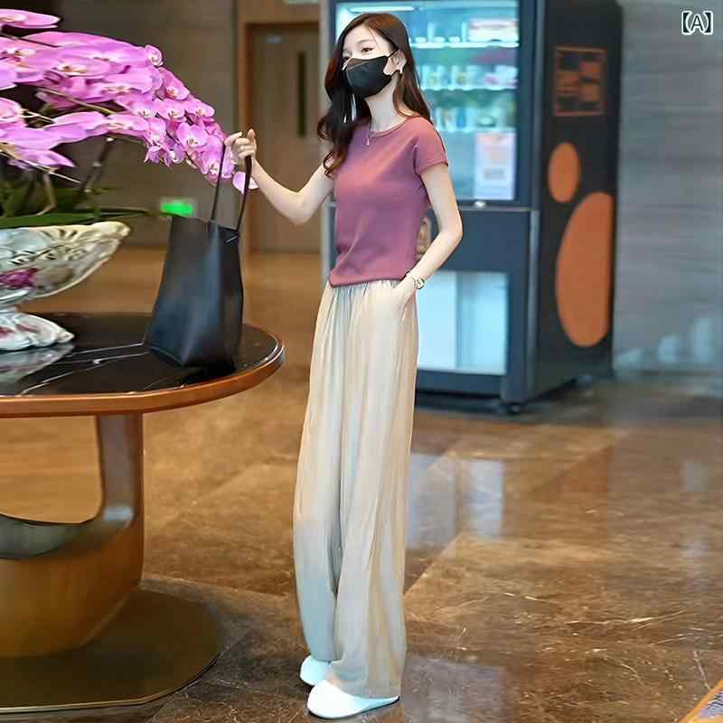 上下 レディース セット ワンピース セットアップ 杭 州 高級 シルク Tシャツ レディース 半袖 2025 夏 桑 絹 ワイド レッグ パンツ ツーピース スーツ