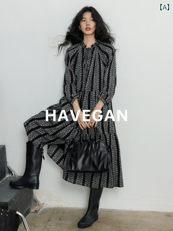 ティーシャツ シャツワンピ カットソー 韓国  HAVEGAN / レトロ 刷り上げる 衣裳 お上さん  長袖 Vのど首 a伝達ルート ロング スコート