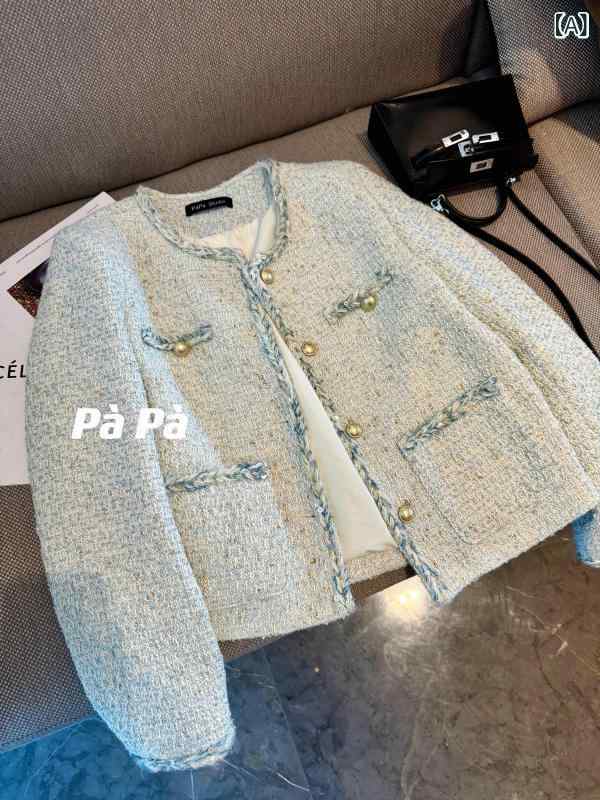 ファンシー ツィード ツィード上衣 レディース ともし火 青みの ツイードショートジャケット 成人女性用  烏兎 スパンコール シュロの葉 織り トップスの 韓国