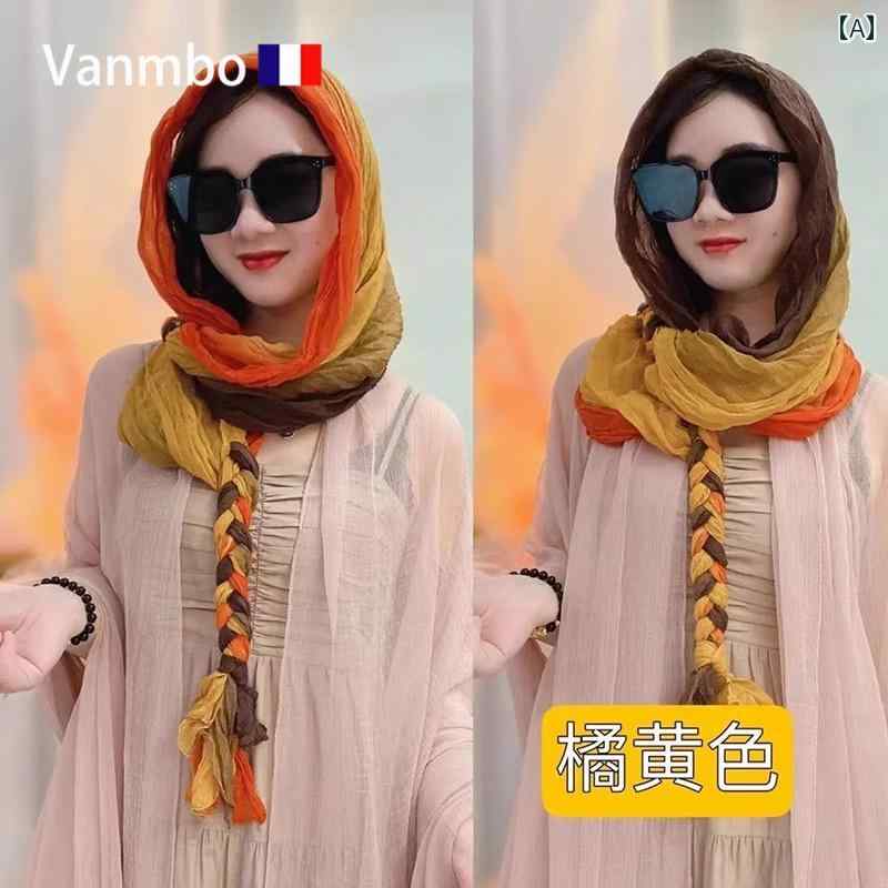 ヘッドスカーフ り おしゃれ 韓国 フランスの Vanmbo レディース 春夏 綿 麻の シルクスカーフ ヘッド スカーフ 旅行 ファッション