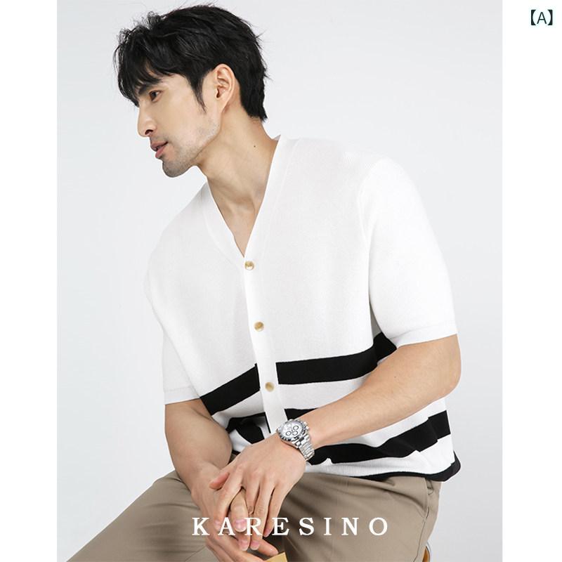 編み物ジレー 炎節ジレー 執務室 商行為 心地よい KARESINO 100 % リヨ独居室 抗菌 対比 編み物ジレー Vのど首 心地よい 縞模様 半袖 プルオーバー いの一番 成人男性用