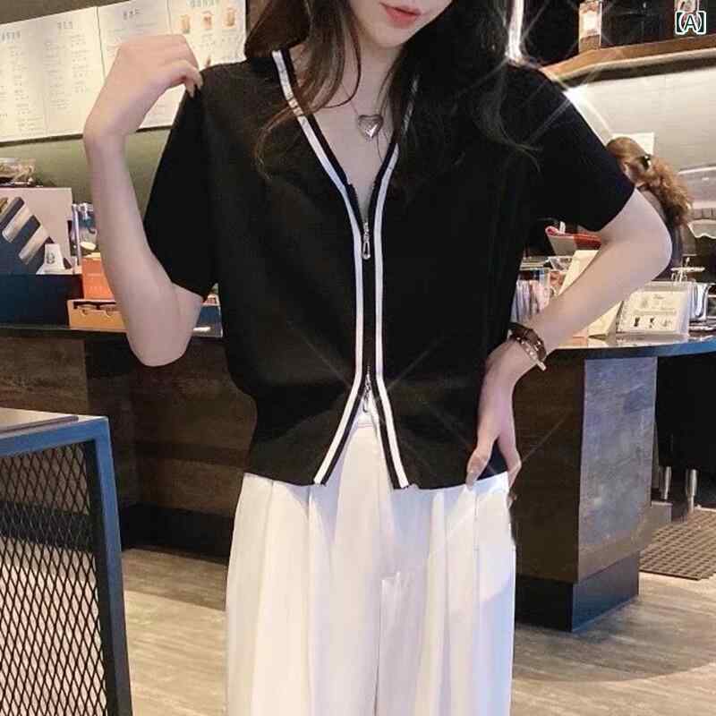編み物ジレー 朱夏ジレー 事務室 商行為 心地好い 冷感 編み物 ティーシャツ レディース 半袖 ティーシャツ 夏 薄っぺら  新型 遊撃手 Vのど首 ファスナー ジレー トップス