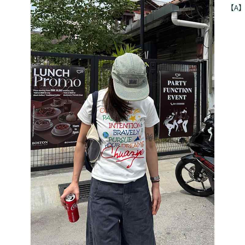 レディース トップス 川 葉 佳 文字 プリント ストレート ショルダー ラウンドネック 半袖 Tシャツ 女性 夏 カジュアル トップス