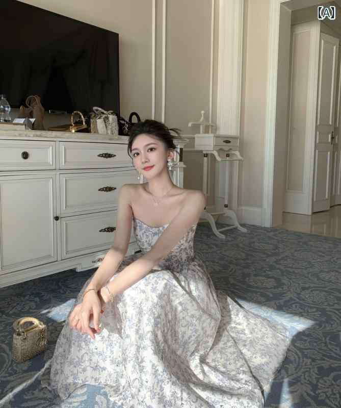 レディース 衣裳 愛くるしい ディナ フレンチ フローラル 御召しもの 夏 表現スタイル 酉の方角 か細い フィッシュボーン ビッグ 律動的な調子 スコート 青と 白の 瀬戸もの 祝い日