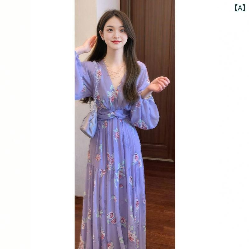 レディース ワンピース かわいい 優しい 美しい Vネック ティーブレイク フレンチ フローラル ドレス 衝突なし スタイル スリム ロング スカート 2025 春