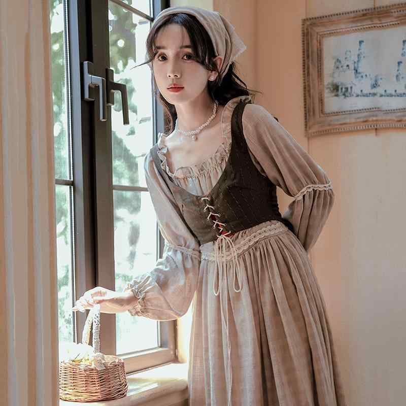 レディース トップス ワンピース ベスト ツーピース スーツ 中世の レトロ 綿 麻の ストライプの シック ドレス 1824歳の 女の子 秋 必須 アイテム