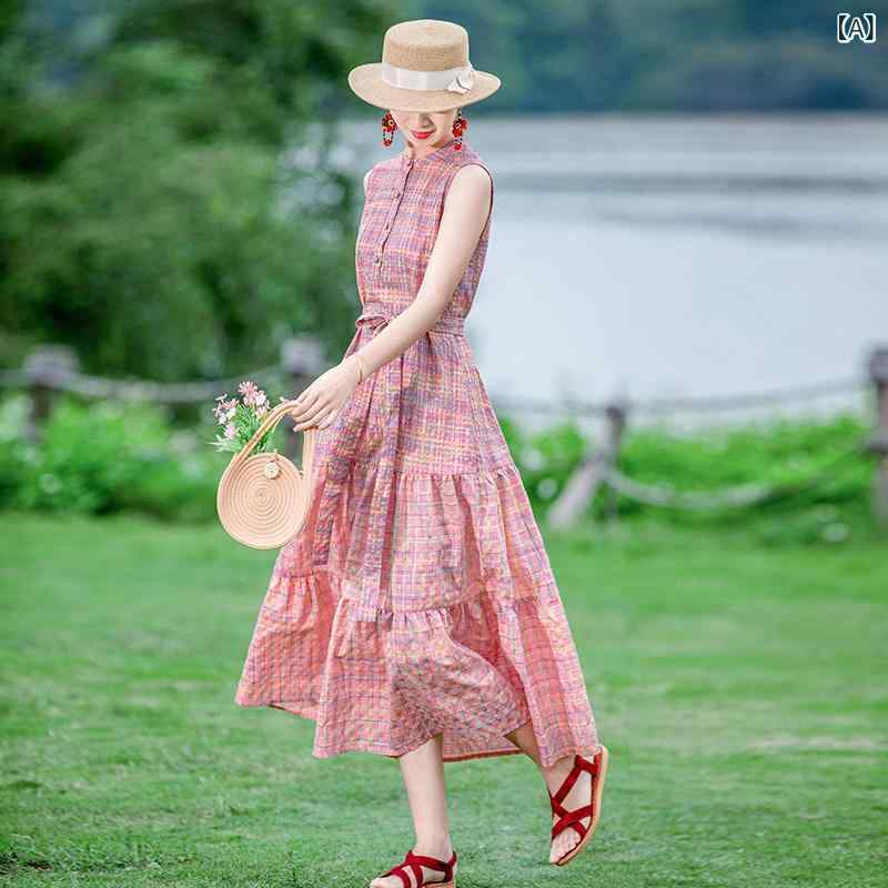 レディース かわいい 英 瑞 依 宇 エスニック コットンチェック 柄 ワンピース ハイエンド 夏 文芸 復古 風 ロング スカート 婦人服