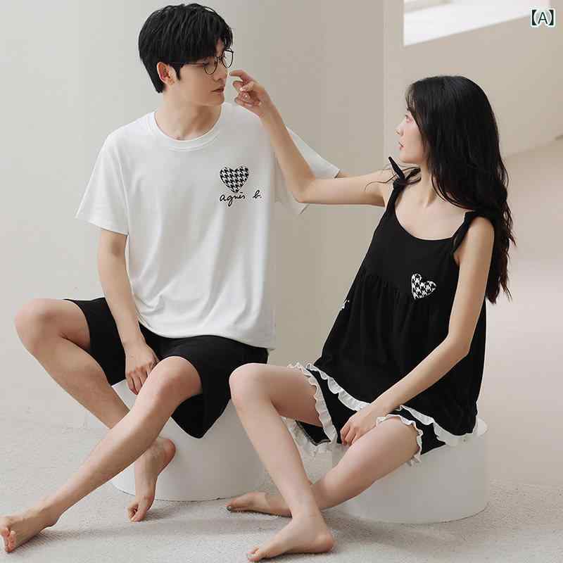 ルームウェア レディース メンズ 夏用 カップル パジャマ 2 セット 男性 1人 女性 綿 シンプル かわいい スリング コットン ホームウェア スーツ ノースリーブ