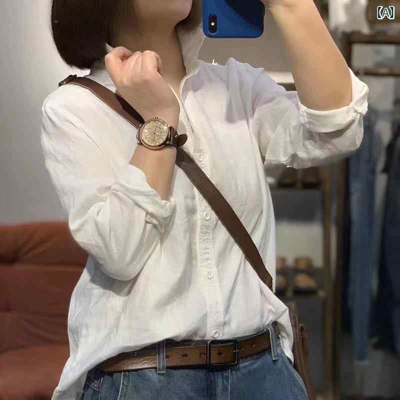 レディース シャツ かわいい くすみ コットンと リネンの 長袖 シャツ、 女性用、 夏 新作、 フレンチ レトロ、 薄手 無地、 BF スタイル、 カジュアル、 ゆったり、 スリム、 リネンシャツ