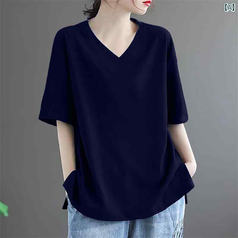 レディース トップス Tシャツ 韓国 無地 七分袖 トップス レディース Tシャツ 2025 綿 半袖 夏 ゆったり 大きいサイズ ストレート ショルダー Vネック。