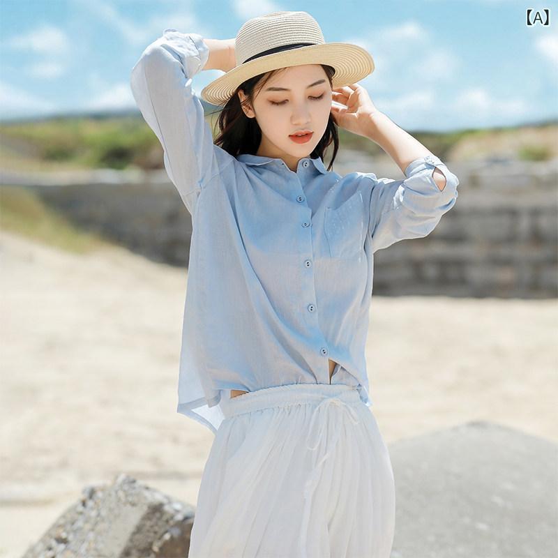 レディース シャツ トップス ライト ブルー リネン レディースシャツ 春服 ハイエンド 春秋 スーツ ゆったり 文学 トップ|ホープ