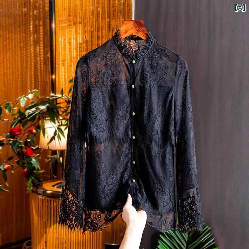 レディース トップス 2025 春 レディース スタイル 高級 ブラック レース 刺繍 100 % シルク シャツ トップス
