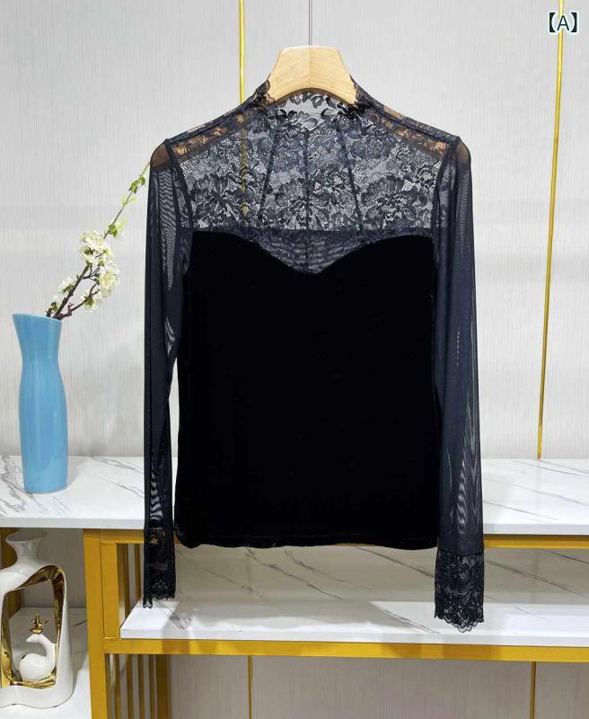 レディース トップス Tシャツ 2025 早春 フレンチ レース ステッチ シルクベルベット トップス レディース エレガント 長袖 シャツ