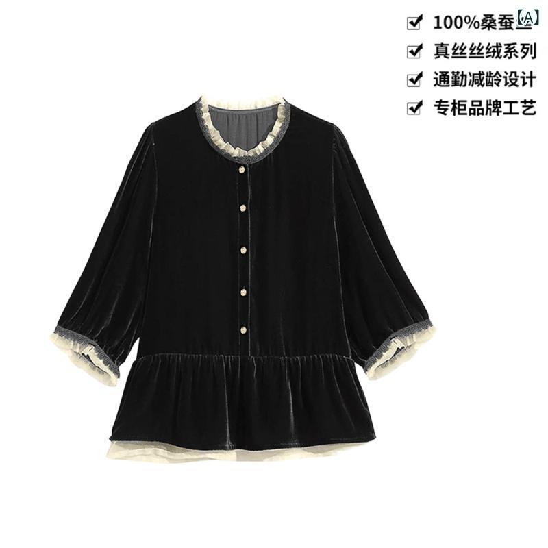 レディース トップス Tシャツ 河 白 100 % 桑 絹 老化 防止 二 重 ステッチ レース ファッション ブラウス シルク ベルベット トップス CX 331