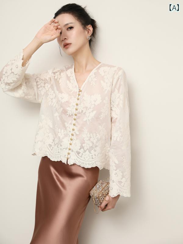 レディース トップス かわいい Pumen XUS 中国 刺繍 Vネック 長袖 シャツ 女性 春 通勤 高級 レース トップス|ホープ