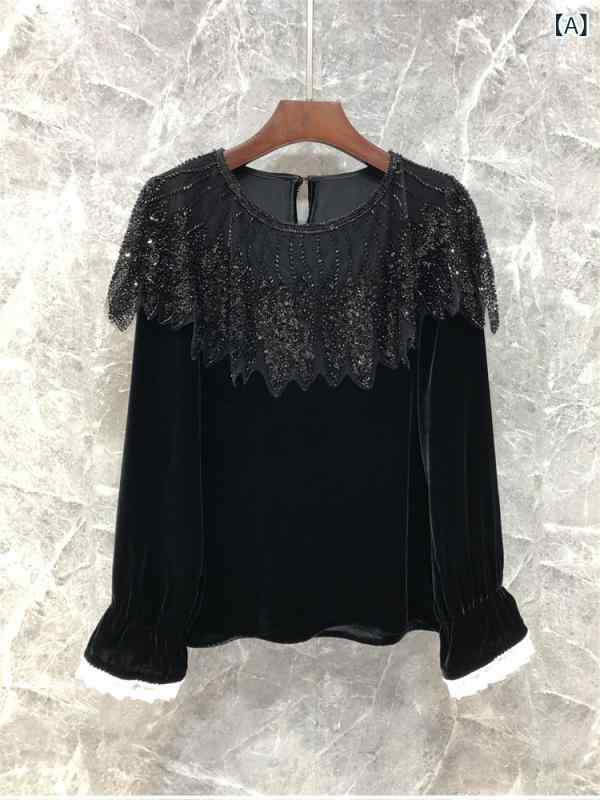 レディース　ニット　レース　シルク Xiannanyou # レース ベルベット シルク スパンコール シャツ 女性 春 商品 ビーズ トップ 52 S 08｜ホープ