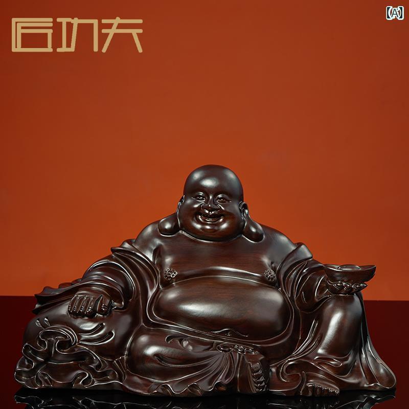 室内装飾 オブジェ  まっ黒の 刻みつけるが 施 弥勒 仏像の かざり付ける品 馬鹿でかい 布袋 座った 含み笑い 仏 マホガニー 純乎たる材 身寄り用 差し上げ物