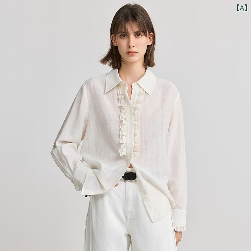 レディース シャツ かわいい くすみ LILY 春 フランス 風 レース 木 耳 縁 プロ 通勤 万能 長袖 白 シャツ レディース トップス|ホープ