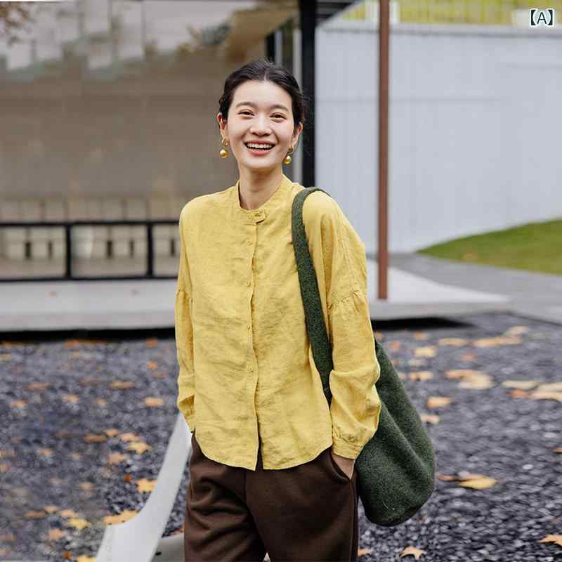 トップス　レディース　シャツ ブルーミング トラベル レディース 服 018 花 / 春 シーリン 先 染め リネン スタンドカラー オープン ネック ドロップ ショルダー ゆったり 長袖 シャツ｜ホープ