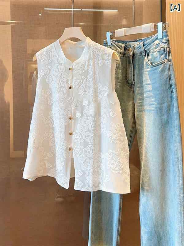 レディース トップス  瀬戸もの風 禅 風の 特殊で 凝った トップス 西洋風の 年歳を 減らす ハイエンド 真っ白い ノースリーブより良いの レディース 夏