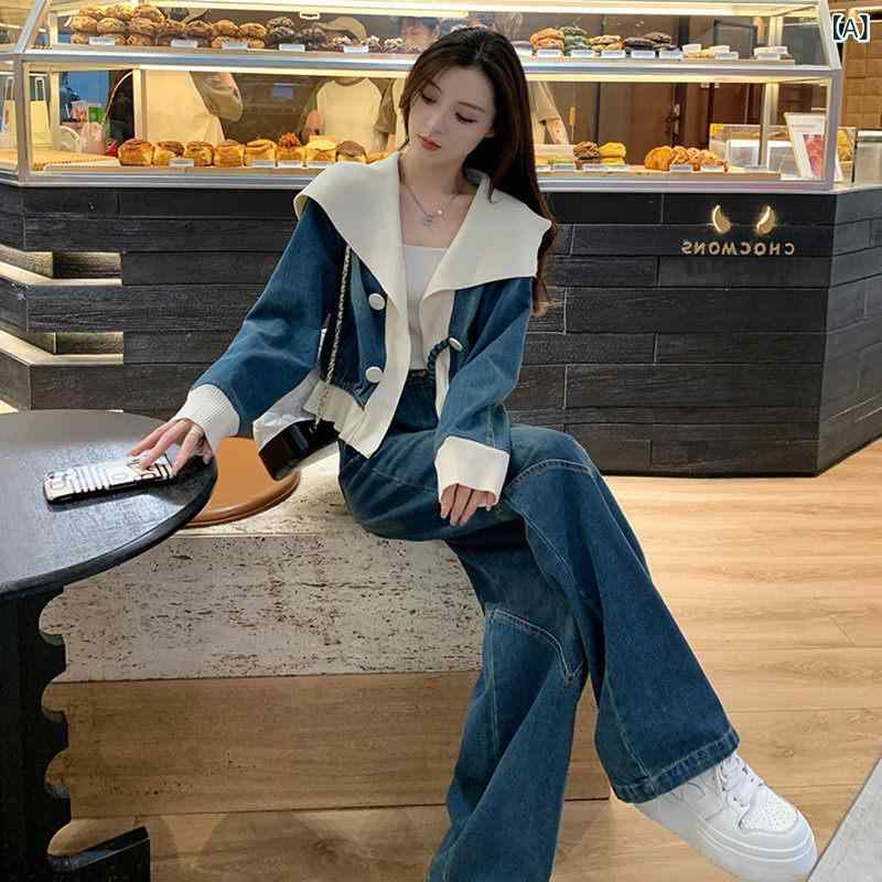 セットアップ レディース 韓国  セットアップ レディース 高押し出し 春 パッチワークジーンズ 上衣 広広とした レッグ ズボン下 背広 レディース 年月  心地よい 運動競技 背広