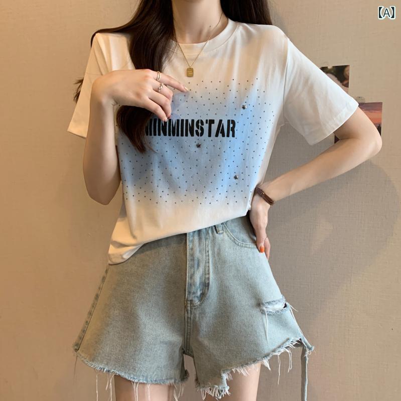 レディース トップス 大きいサイズ スキニー ホット ラインストーン 半袖 Tシャツ レディース 2025 夏 やや 太め mm プリント ストレート ショルダー トップ