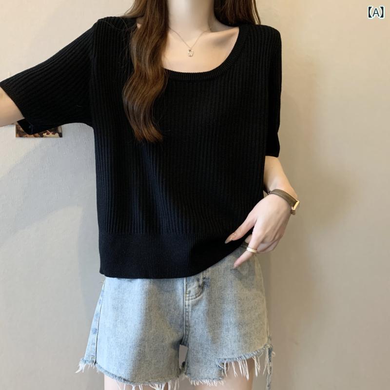 レディース トップス の 品物 ニット セーター U ネック 半袖 レディース 夏 大きいサイズ 脂肪 mm ゆったり スリム お腹 カバー 肉 隠し 氷 シルク トップス