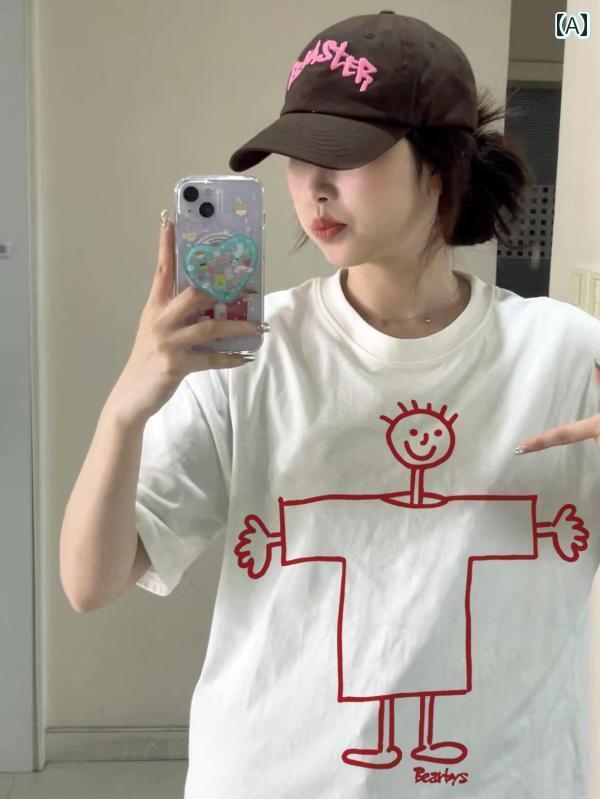 レディース トップス ホワイト 半袖 Tシャツ 女性 綿 2025 夏 ゆったり アメリカン ストリート トップス