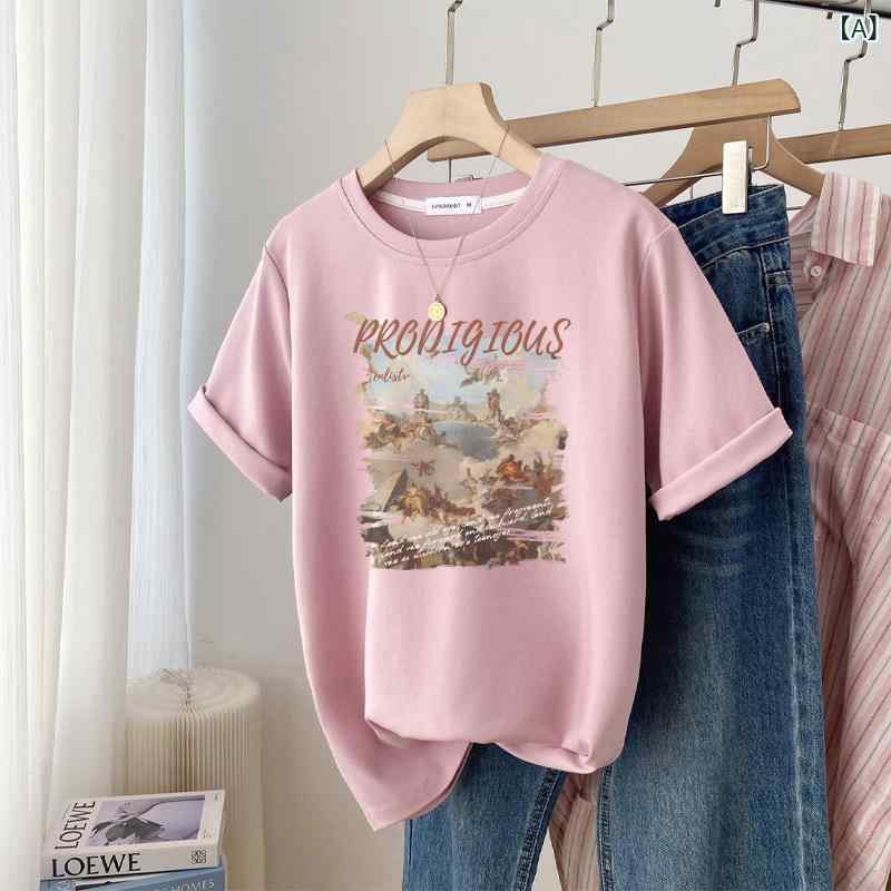 レディース トップス 2025 夏 アメリカン レトロ アート プリント 半袖 Tシャツ レディース カジュアル トップ カップル アウトフィット