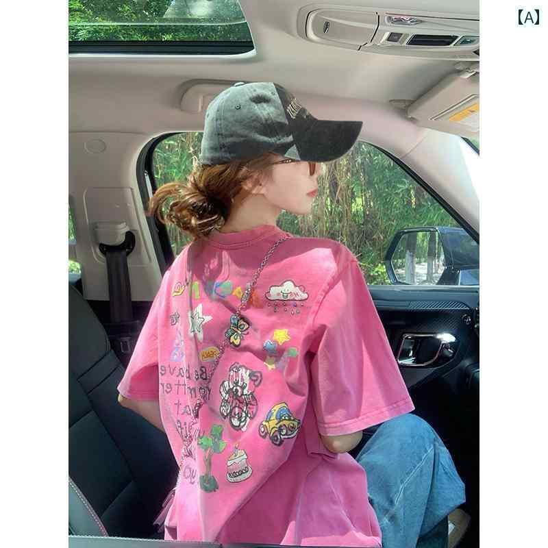 レディース トップス ピンクの な 半袖 Tシャツ 女性用 2025夏 アメリカン ヘビー グラフィティ トップ