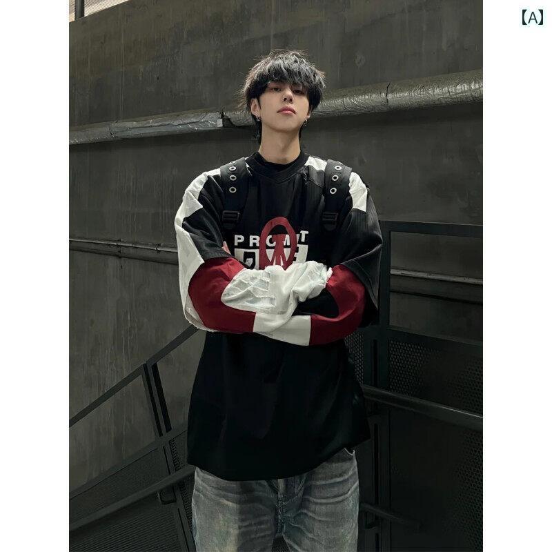 レディース トップス 春秋 メンズ フェイク ツーピース ブラック 長袖 Tシャツ アメリカン レトロ ストリート スタイル ラウンドネック トップ