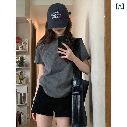 レディース トップス センス ユニークな 刺繍 ラウンドネック 綿 半袖 Tシャツ レディース 夏 2025 ゆったり スリム ショルダー トップ