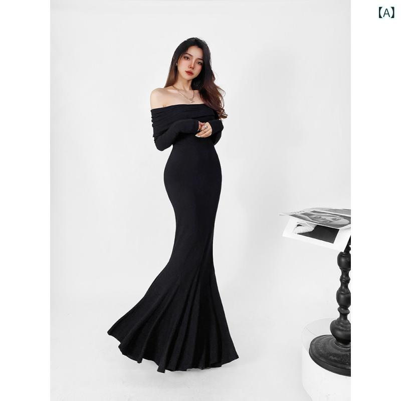 パーティードレス ロングワンピース ミモレ丈 レース シースルー GRACE 魅惑的 ワンショルダー ステップバイステップの 蓮の フィッシュ テール スカート 春秋 ロイヤル シスター 長袖 ブラック ヒップ ラップ ドレス｜ホープ