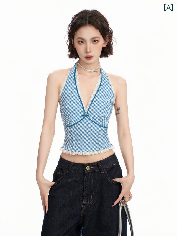 レディース トップス かわいい 夏の 女性用 ブルー チェック 柄 レース ホルターネックキャミソール 魅惑的 女の子 ベースと なる アウターウェア サイドの 胸と 美しい 背中を カバー する トップス