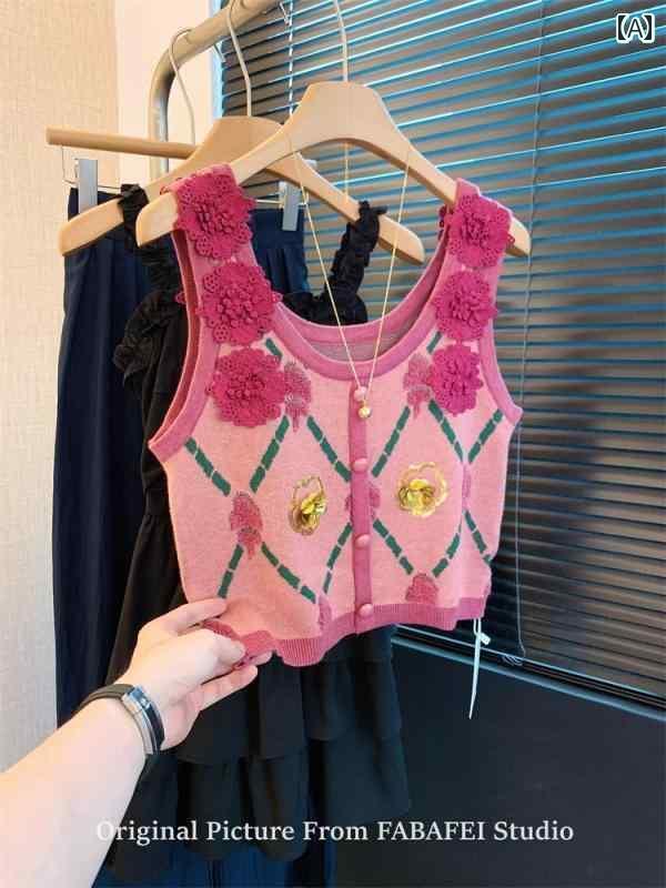 レディース トップス かわいい ローズレッドの 立体 花 ニット ベスト 夏に 着る 女性用 高級 アメリカン レトロ ノースリーブ スモール サスペンダー