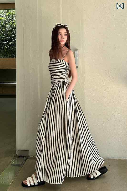 パーティードレス ロングワンピース ミモレ丈 レース シースルー 軽い 布地の フランス製 背の 高さ 黒と 白の 縦縞の チューブ トップ オフショルダーの サスペンダー ドレス ホリデー aライン ロング スカート