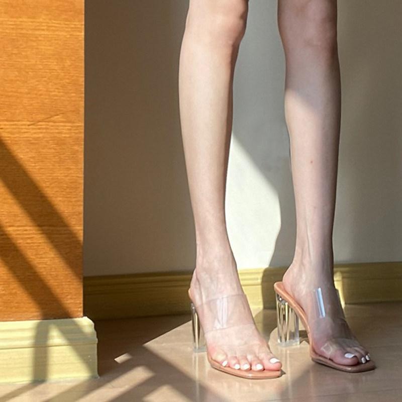 レディース ヒール おしゃれ ロング 脚 シリーズ 3つの ヒールの 高さ 透明で 魅惑的 ハイヒール サンダル 女性用 夏用 厚手 ヒール ガラス クリスタル シューズ