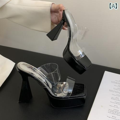 レディース ヒール おしゃれ 厚手 ヒールの ハイヒール 10 CM ナイトクラブ セクシー 防水 プラットフォーム 厚底 透明 スクエアトゥ ファッション キャットウォーク サンダル 女性用