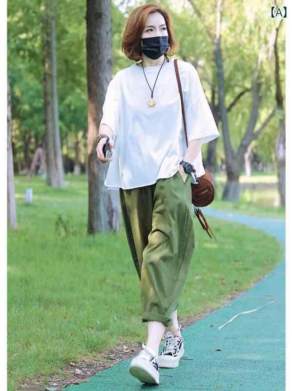 セットアップ レディース 高見え 夏の レディースファッション シンプル スーツ 大きいサイズ ゆったり スリム 白い Tシャツ トップ カジュアル ワイド レッグ パンツ ツーピース