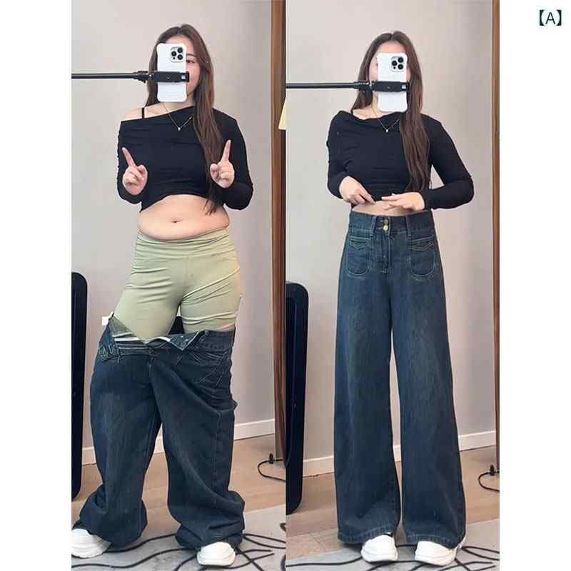 ワイド パンツ オシャレ 大きいサイズ ハイウエスト レトロ ブルー ワイド レッグ ジーンズ レディース 春 スタイル mm スリム 洋 ナシ型 ストレート パンツ