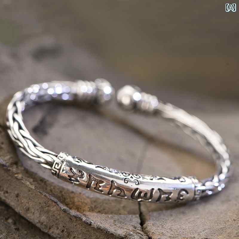 オシャレ バングル ブレスレット 999 スター リング シルバー 6文字 マントラ シルバーブレスレット 男女兼用 レトロ 古風 ツイスト 編み オープン ナショナル スタイル ブレスレット