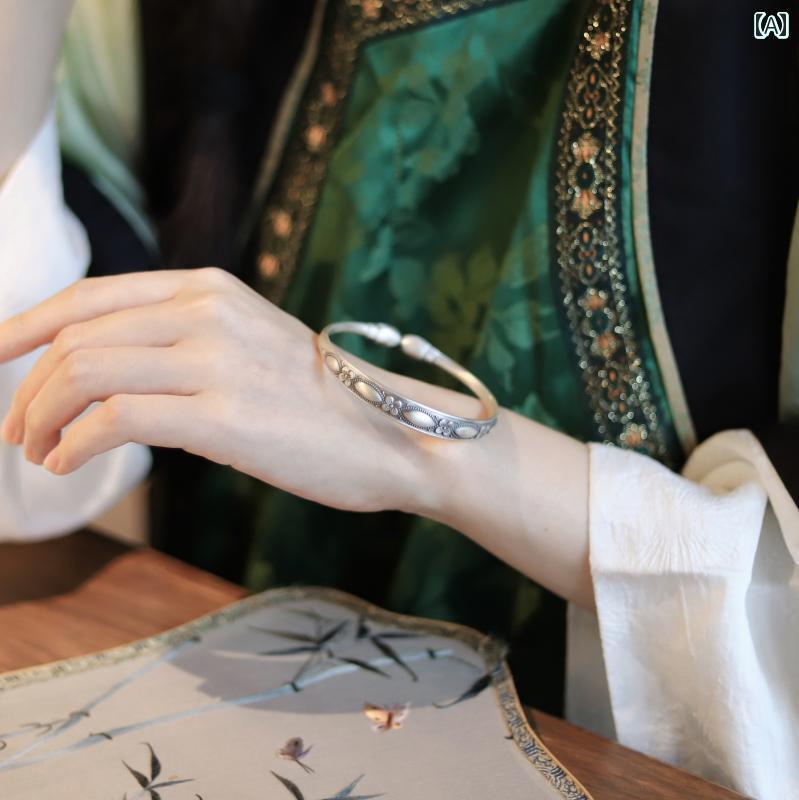 ブレスレット バングル オシャレ 中華 バブル ビーズ シルバーおばあちゃん 999 銀 ブレスレット リング レトロ 文学 昔ながらの 方法 彫刻 母と ガールフレンドへの 贈り物