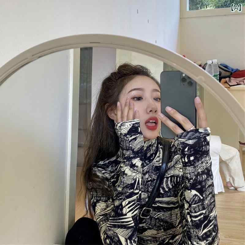 カモフラ 迷彩 おしゃれ 秋 女性用 タイ ダイ ハイネック レイヤリング シャツ 美しく な プリント タイトフィット トップ 迷彩 インナー ニット Tシャツ