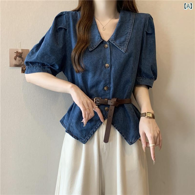 レディース オシャレ かわいい 夏の 女性用 風 レトロ 半袖 デニムシャツ 太めの mm サイズ スリム ウエストと お腹を カバー する の ショート トップ