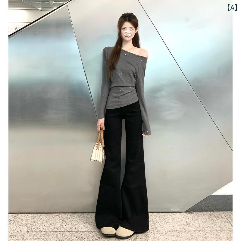 レディース パンツ オシャレ レディース ブラック フレアジーンズ 2025 春秋 ハイウエスト スリム 伸縮性 万能 モップ レスノー レッグ フレアパンツ