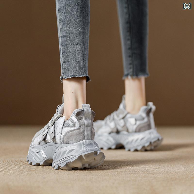 ランニング シューズ 靴 風の ウォッシュ 加工と ダメージ 加工を 施した 女性用 ヘビーデューティー ダッド シューズ。 2025 春。 メッシュ 通気性 万能 カジュアル スポーツ