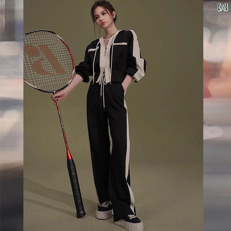 セットアップ　レディース　韓国 での 女性用 スポーツ スーツ 春秋 スタイル スリム ハイエンド の ストリート スウェットシャツ ワイド レッグ パンツ ツーピース｜ホープ