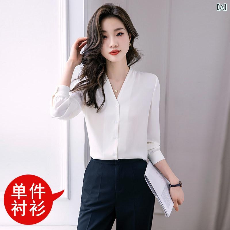レディース シャツ おしゃれ 女性用 ホワイト シフォン 長袖 シャツ プロな 春秋 スタイル フォーマルな フロント デスク 作業着 Vネック