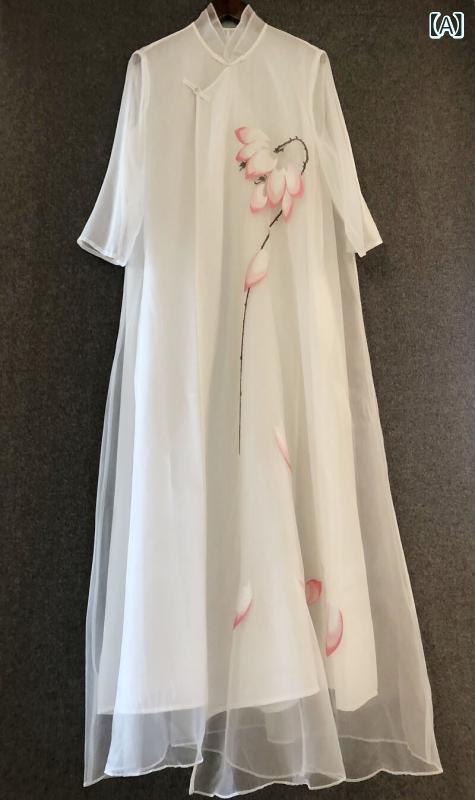 レディース 衣裳  中国 レトロ 若見せかけ 蓮の 刺しゅうの 瀬戸もの 御召しもの 漢服の 真っ白い ロング スコート